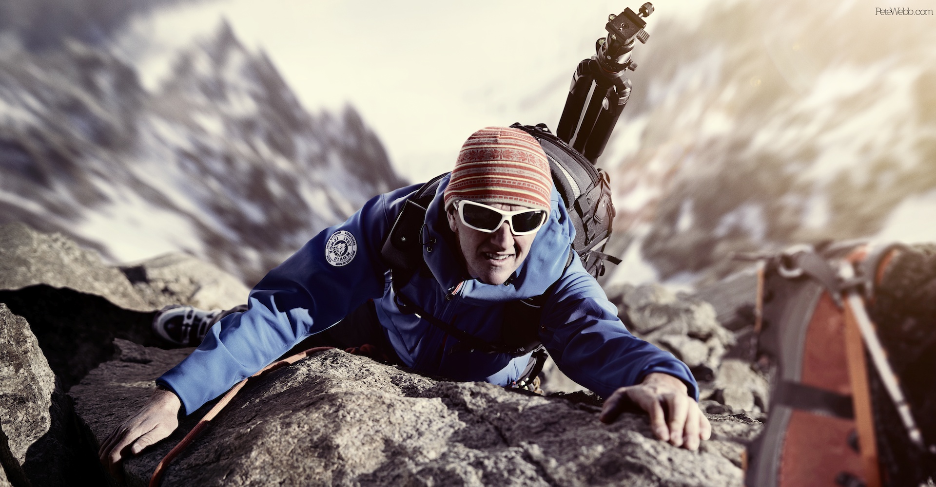 A dramatic shot of mountaineer Jonny Baird created with 4 images retouched by Happy Finish, shot on the Phase One 645DF+ with the IQ260.